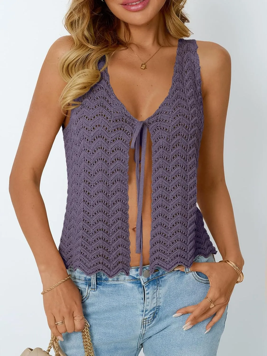 LILLUSORY Crochet Tops for Women Summer Vacation Outfits Beach Coverup Going Out Tie Front Spring Sweater Vest 2025 Fashion