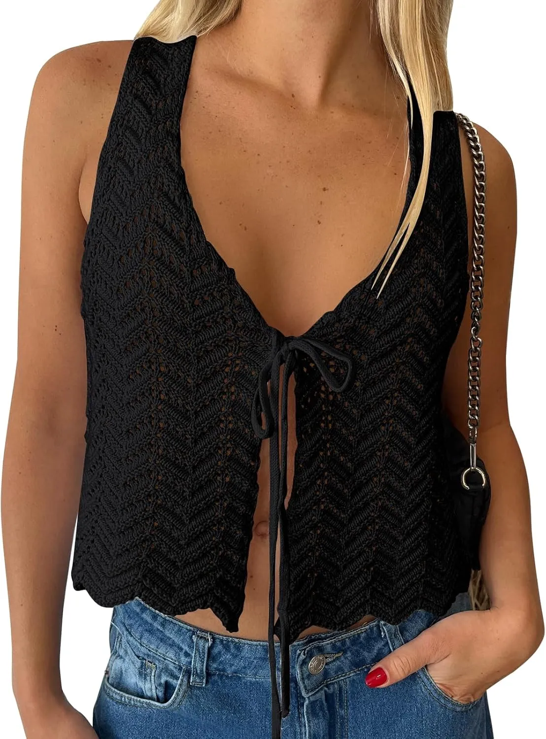 LILLUSORY Crochet Tops for Women Summer Vacation Outfits Beach Coverup Going Out Tie Front Spring Sweater Vest 2025 Fashion