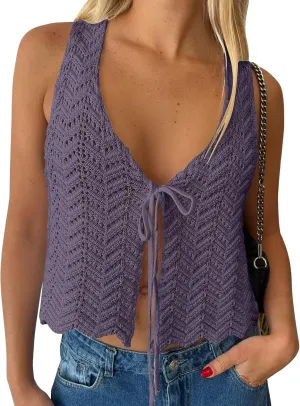 LILLUSORY Crochet Tops for Women Summer Vacation Outfits Beach Coverup Going Out Tie Front Spring Sweater Vest 2025 Fashion