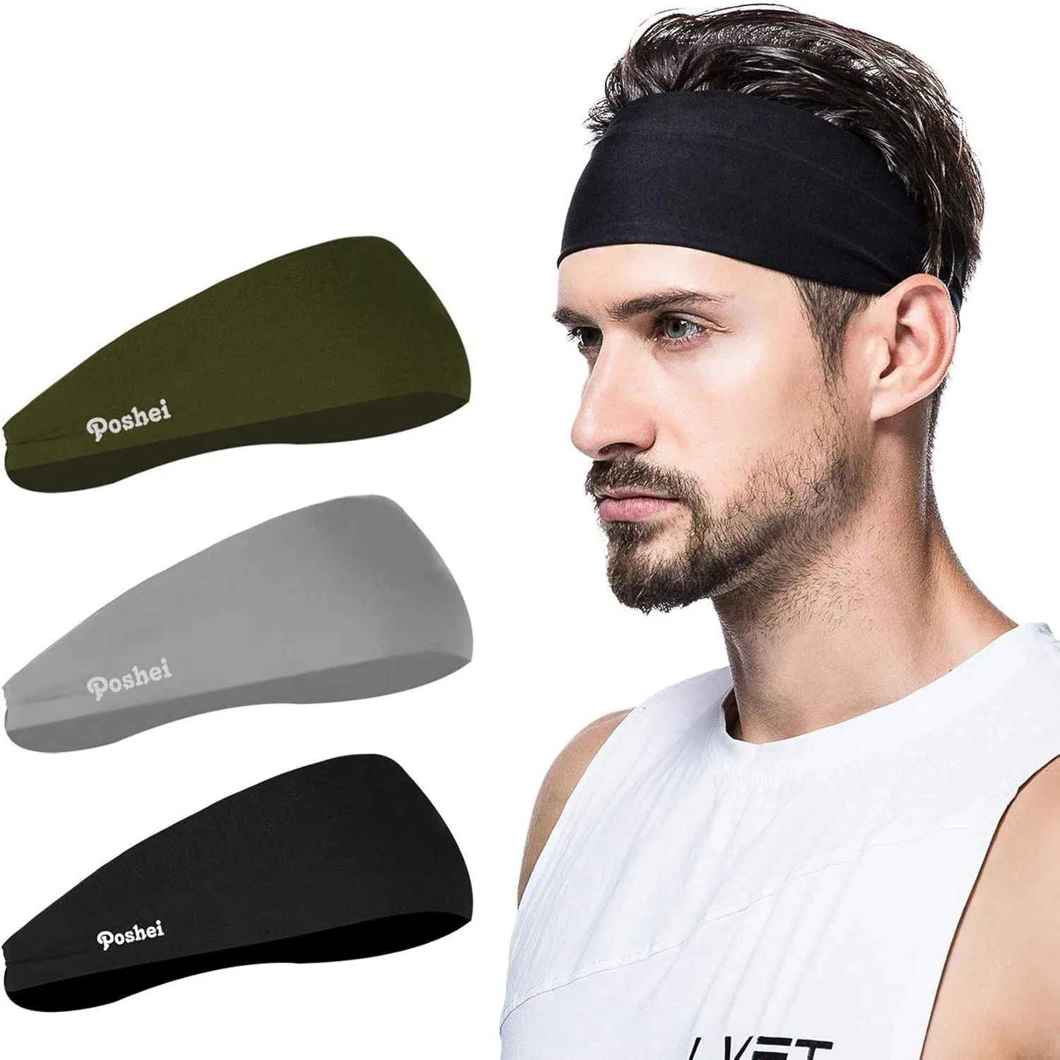 Mens Headband, 3 Pack Mens Sweatband & Sports Headband for Running,Cycling, Yoga, Basketball - Stretchy Moisture Wicking Unisex Hairband