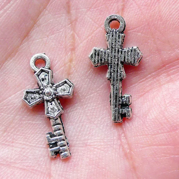 Mini Cross Key Charms (10pcs / 10mm x 20mm / Tibetan Silver) Key Bracelet Pendant Earring Bookmark Charm Wine Charm Favor Charm CHM907