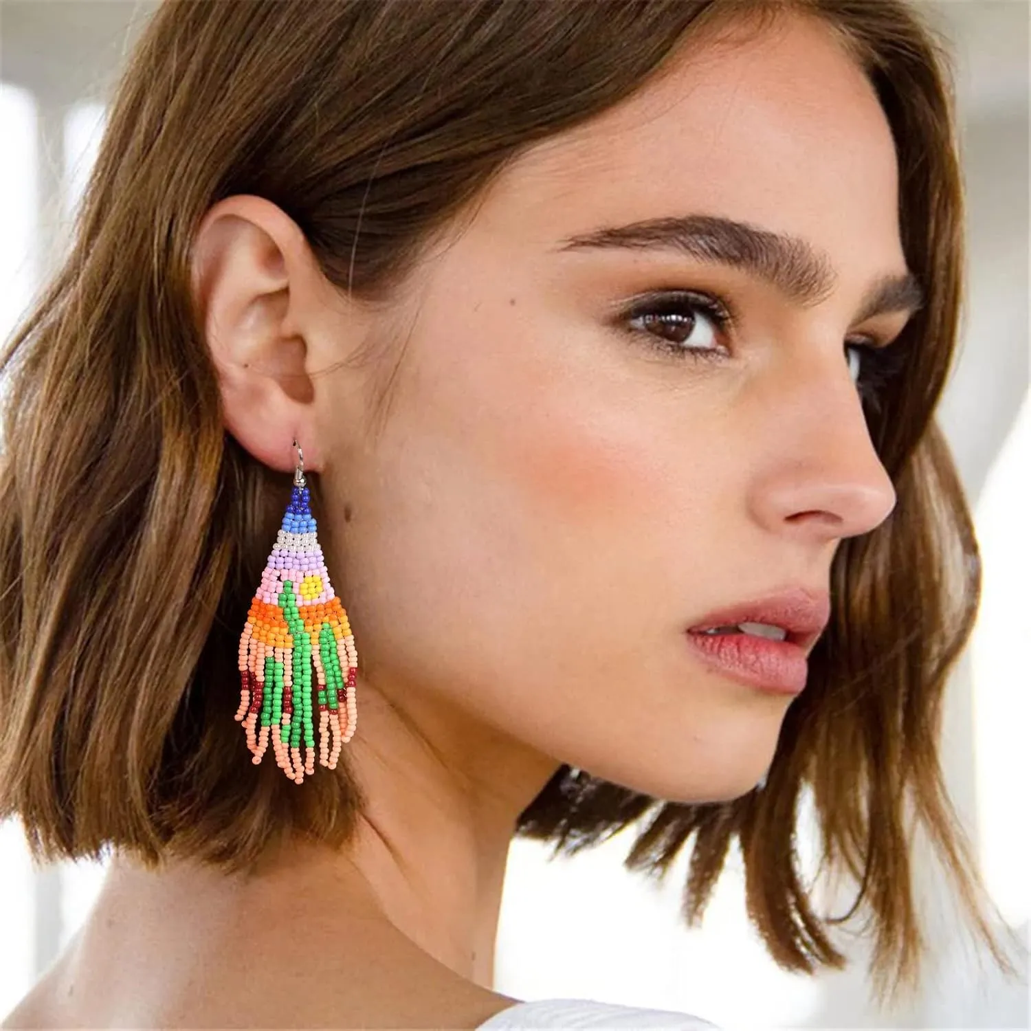 MJartoria Long Beaded Tassel Earrings for Women - Boho Vintage Drop Dangle Native Handmade Statement Jewelry - Seed Bead Gifts