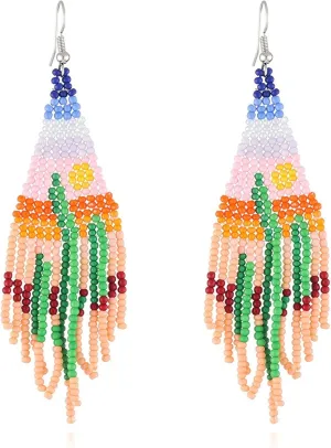MJartoria Long Beaded Tassel Earrings for Women - Boho Vintage Drop Dangle Native Handmade Statement Jewelry - Seed Bead Gifts