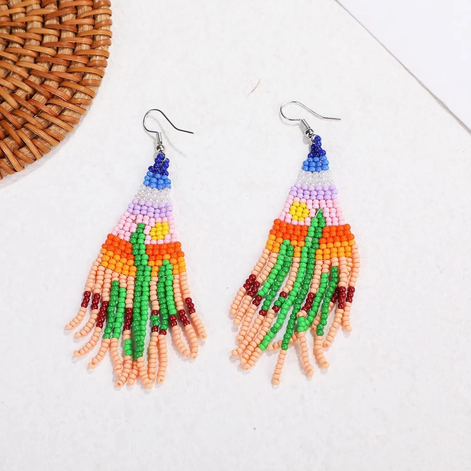 MJartoria Long Beaded Tassel Earrings for Women - Boho Vintage Drop Dangle Native Handmade Statement Jewelry - Seed Bead Gifts