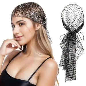 Munyee Hua Sexy Sparkle Rhinestone Black White Lace-able Hijab Cap Wrap Gatsby Headband Diamond Head Scarf For Women Turban Hat Fishnet Mesh Cap Renaissance Headpiece Necklace (Black)