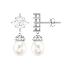Natural Freshwater Pearl Drop Earrings with Diamond Cluster