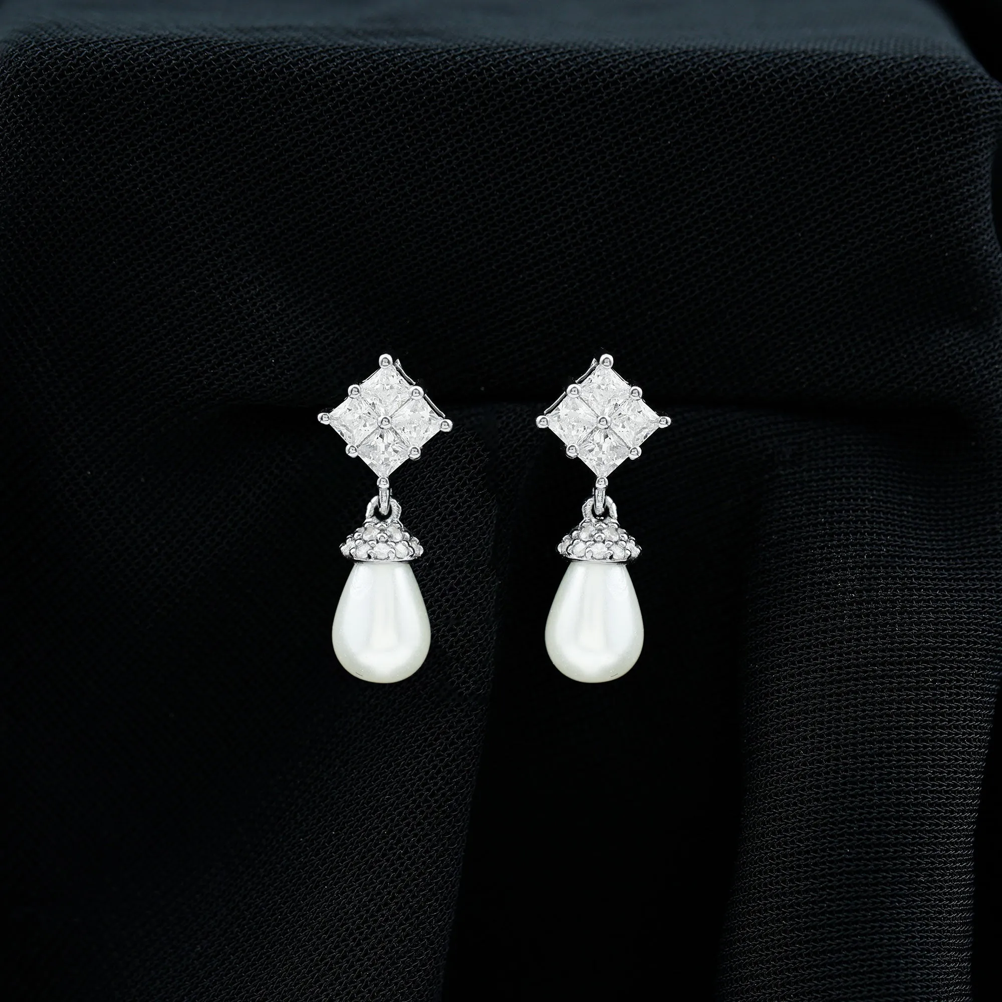 Natural Freshwater Pearl Drop Earrings with Diamond Cluster