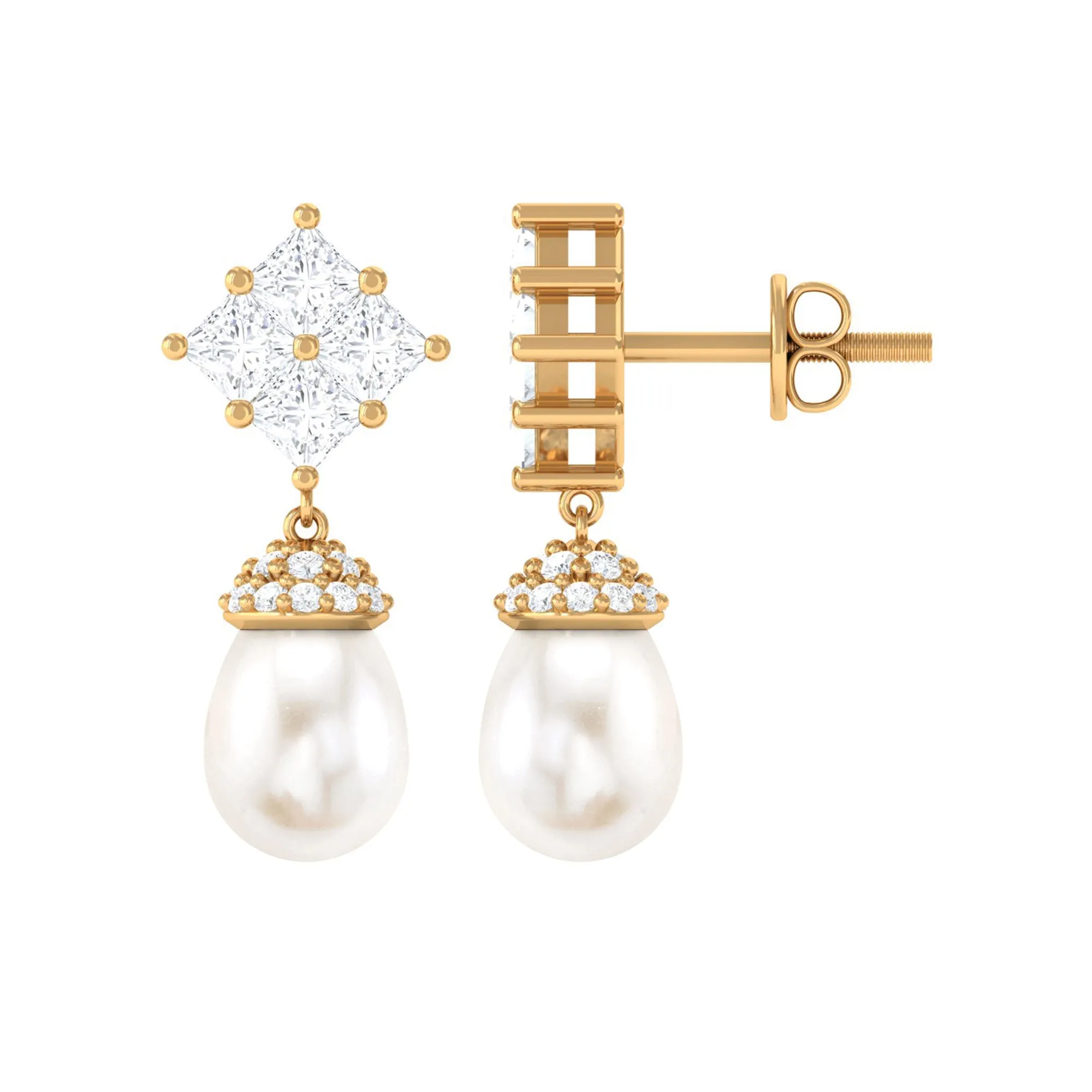 Natural Freshwater Pearl Drop Earrings with Diamond Cluster