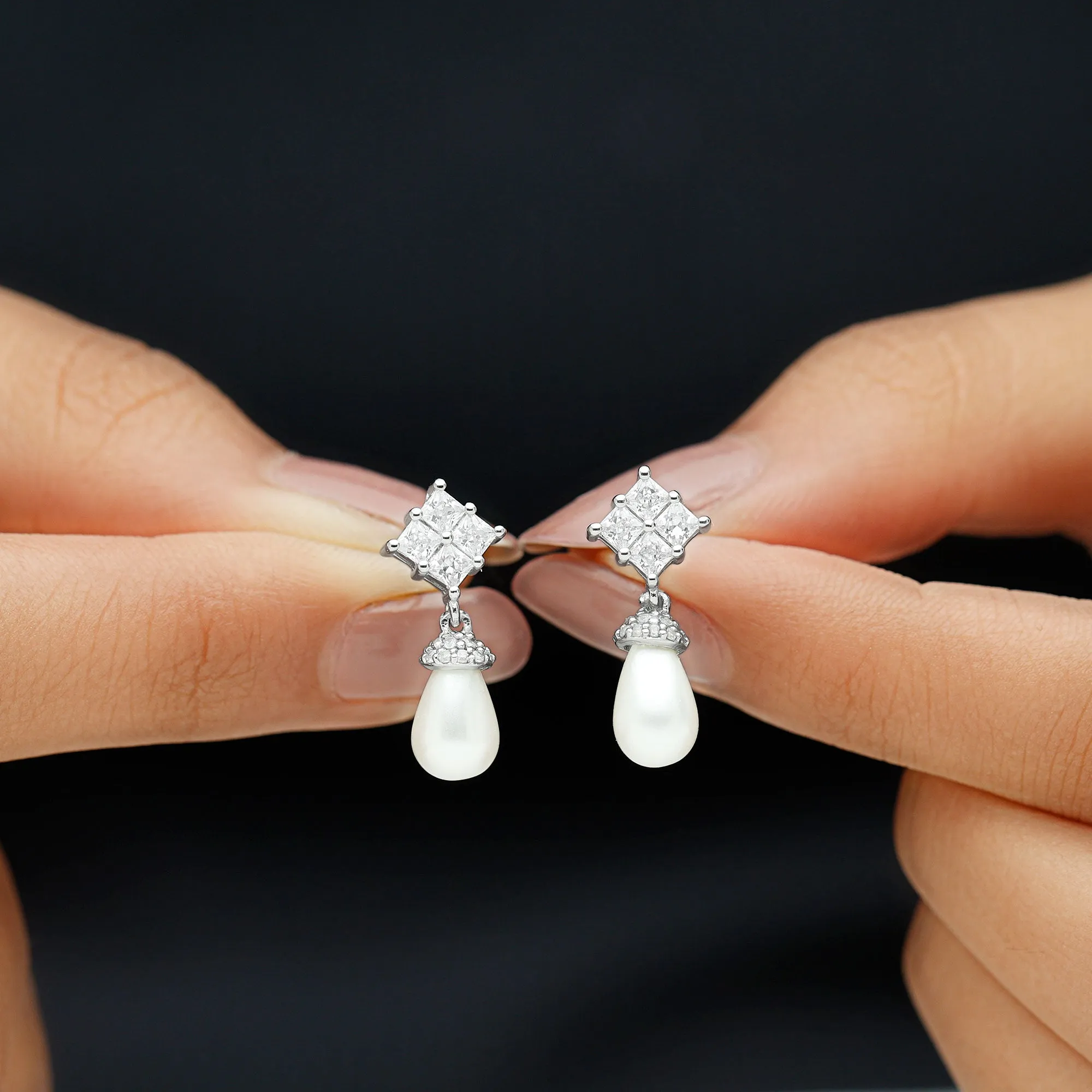 Natural Freshwater Pearl Drop Earrings with Diamond Cluster