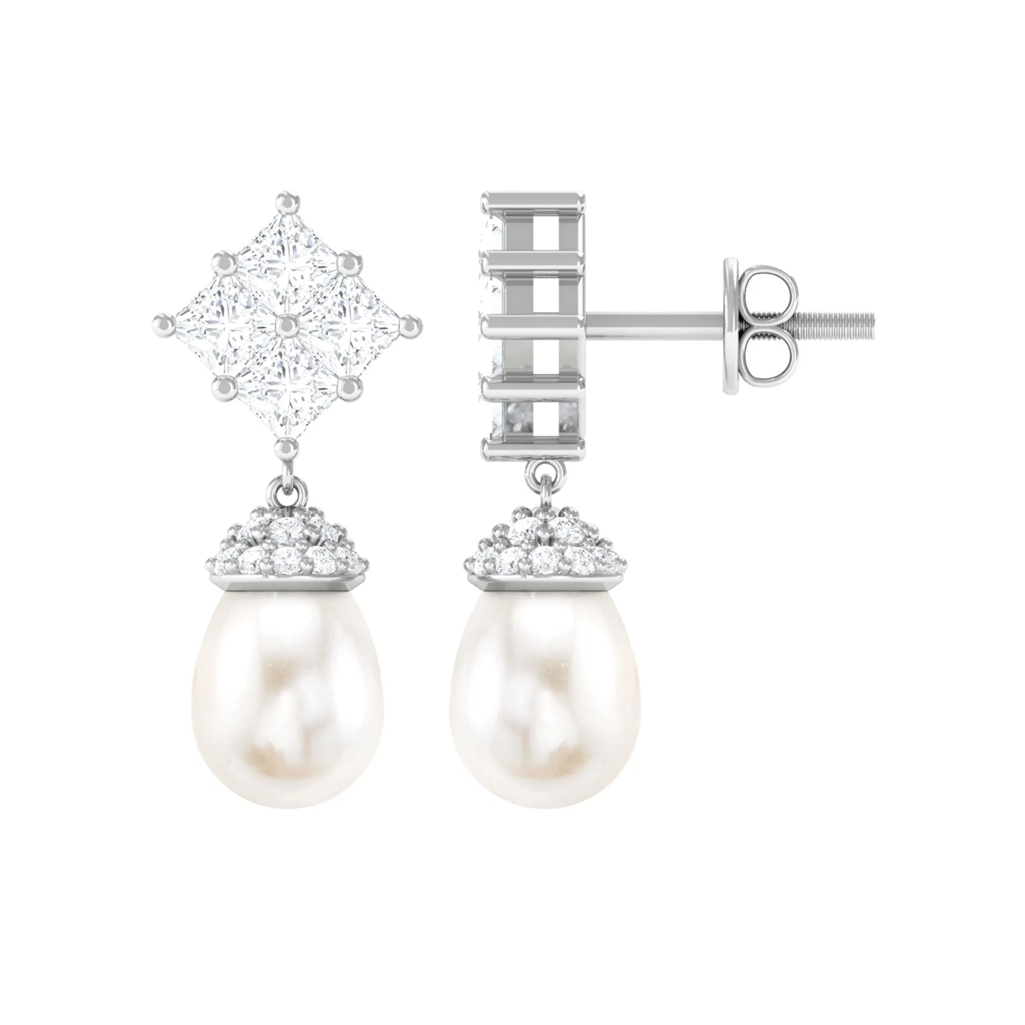 Natural Freshwater Pearl Drop Earrings with Diamond Cluster