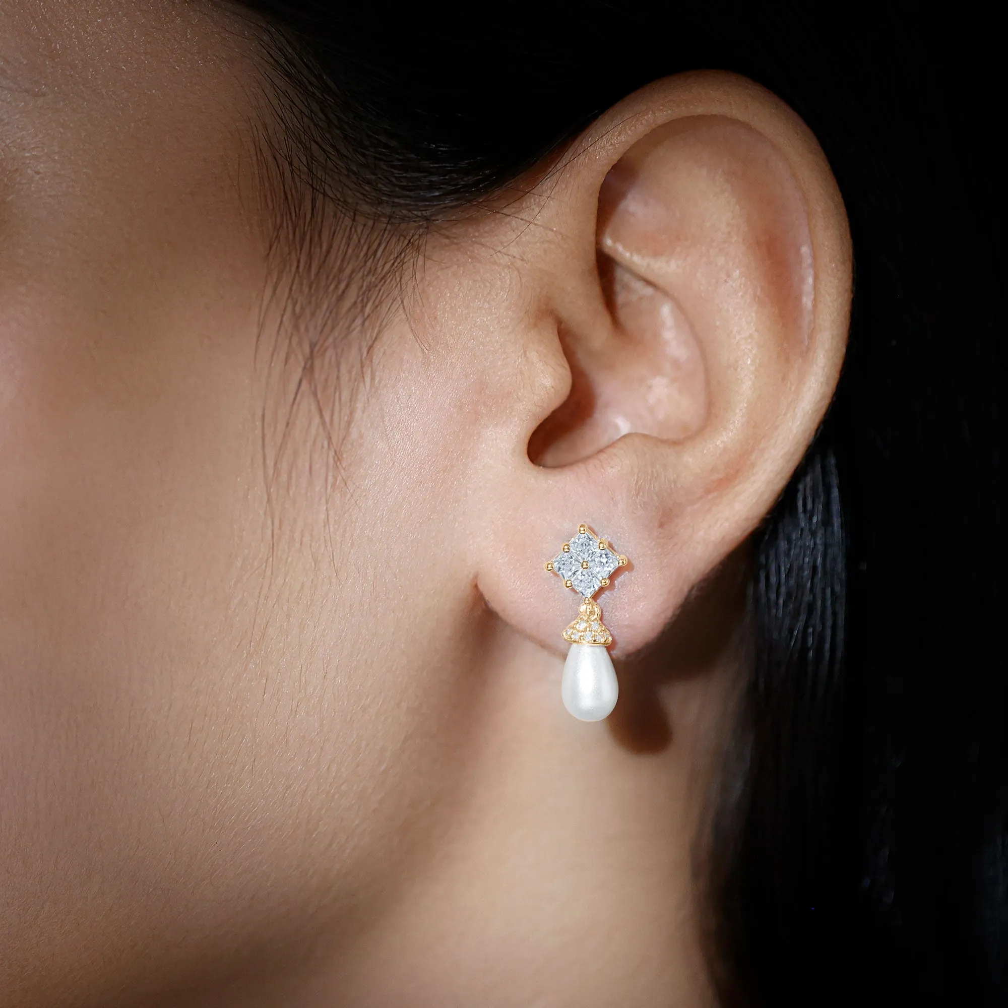Natural Freshwater Pearl Drop Earrings with Diamond Cluster