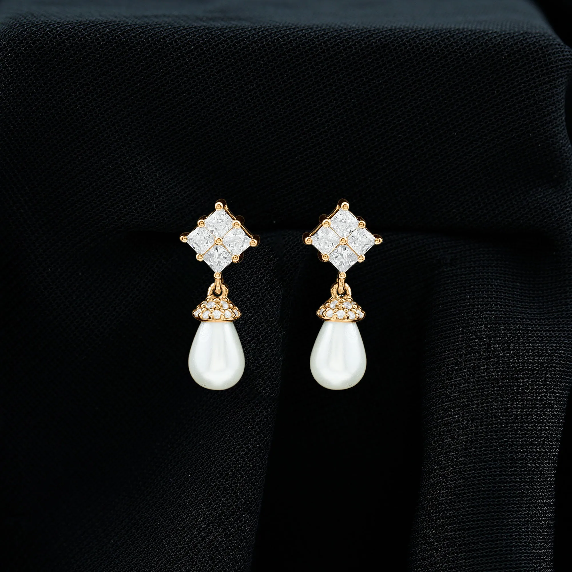 Natural Freshwater Pearl Drop Earrings with Diamond Cluster