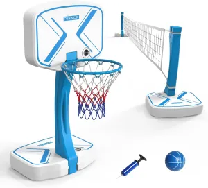 PEXMOR 2-in-1 Pool Basketball Hoop & Volleyball Net for Swimming Poolside Game, with 2 Balls & 1 Air Pump,White