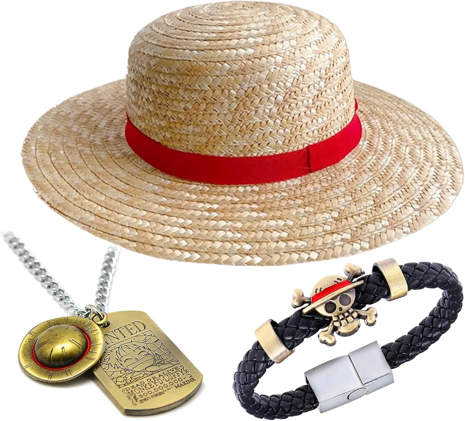 Ruffy Straw Hat Summer Beach Sun Hat One P. Necklace PU Leather Bangle Bracelet Wristband 3 pcs
