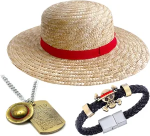 Ruffy Straw Hat Summer Beach Sun Hat One P. Necklace PU Leather Bangle Bracelet Wristband 3 pcs
