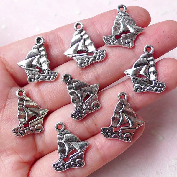 Sailing Boat / Sail Yacht / Pirate Ship Charms (8pcs / 17mm x 19mm / Tibetan Silver / 2 Sided) Nautical Jewelry Bookmark Wine Charm CHM923