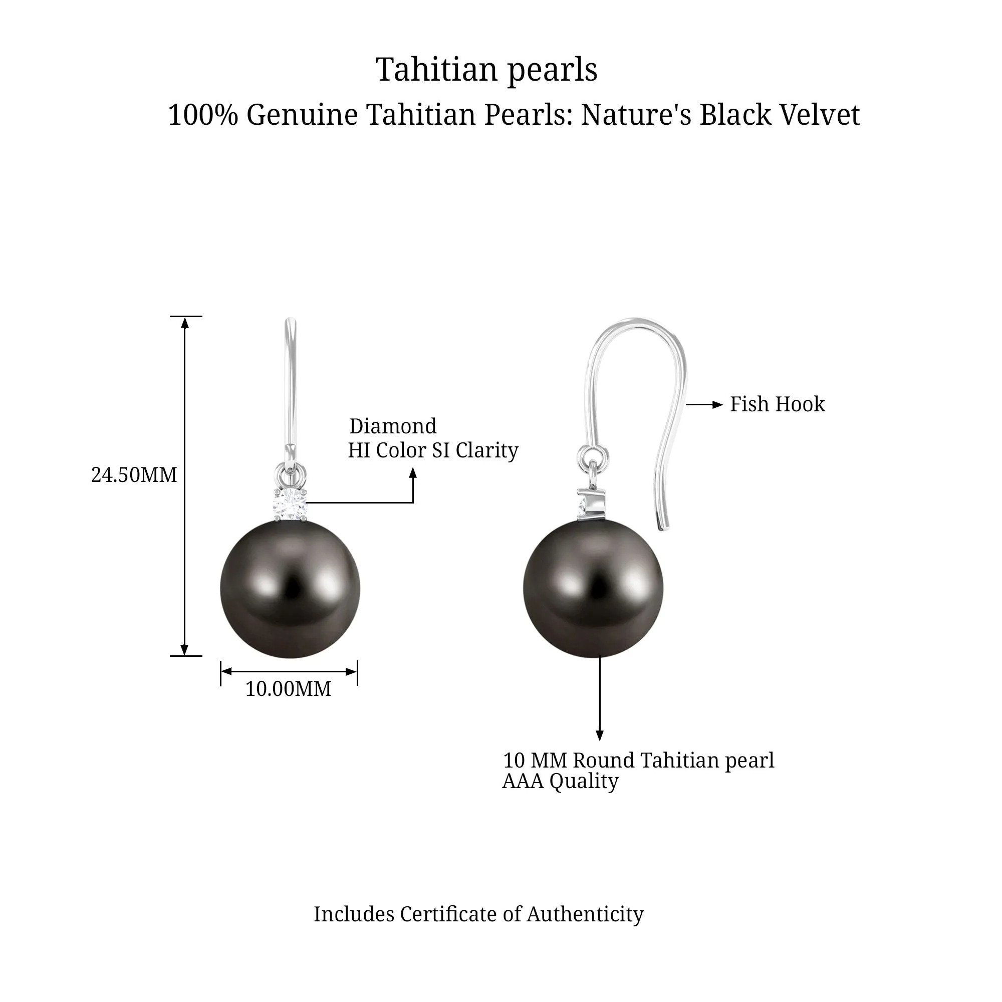 Solitaire Tahitian Pearl Drop Earrings with Diamond