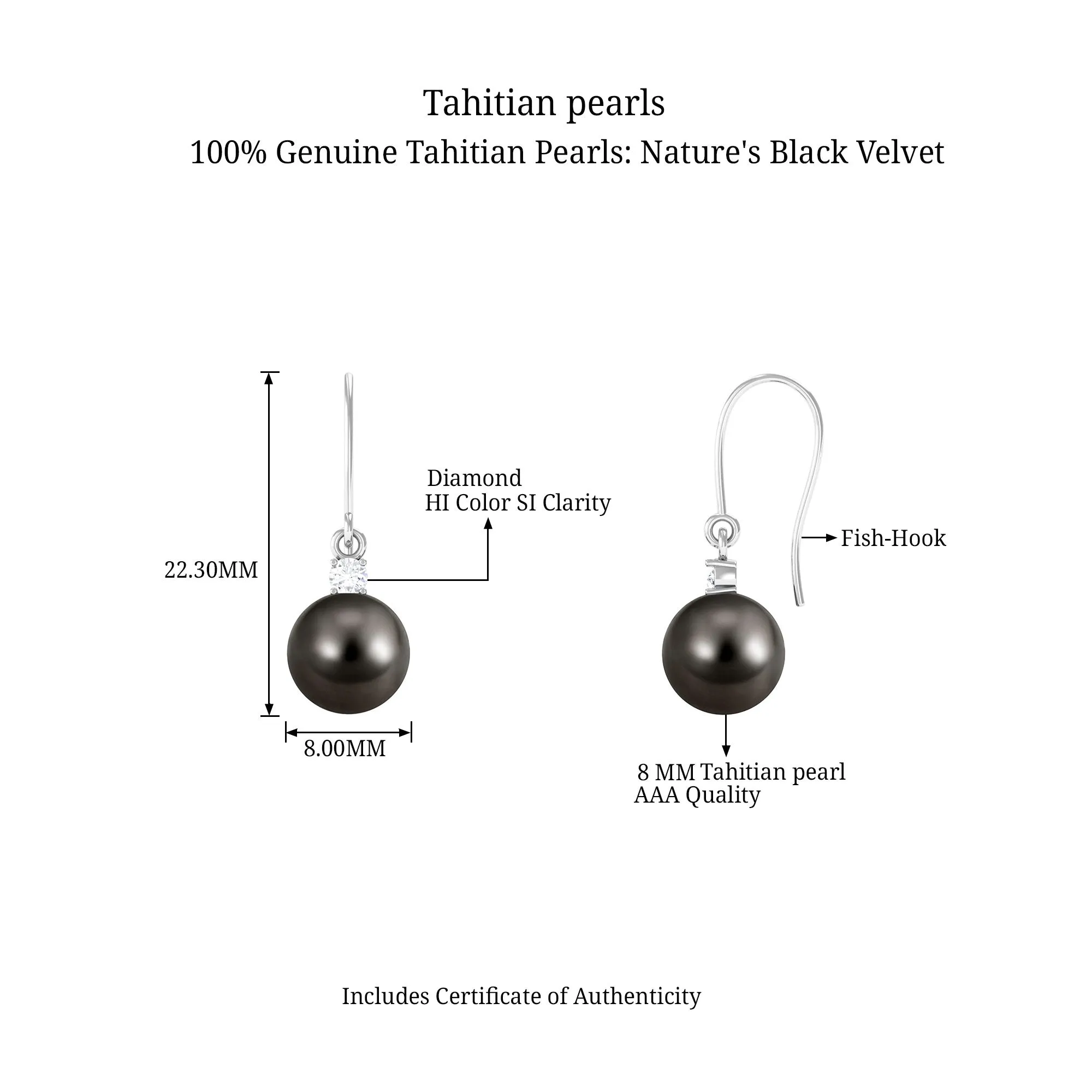 Solitaire Tahitian Pearl Drop Earrings with Diamond