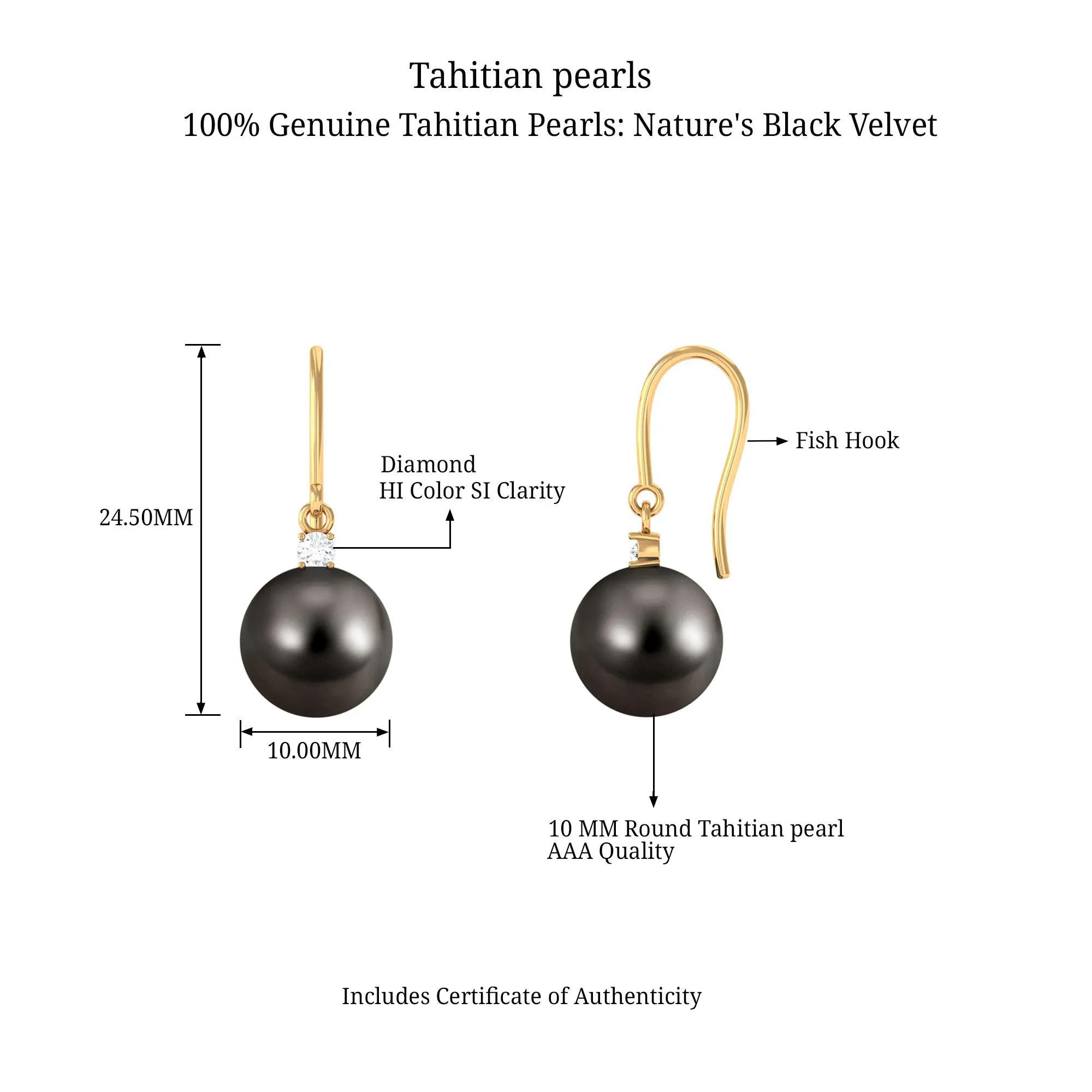 Solitaire Tahitian Pearl Drop Earrings with Diamond