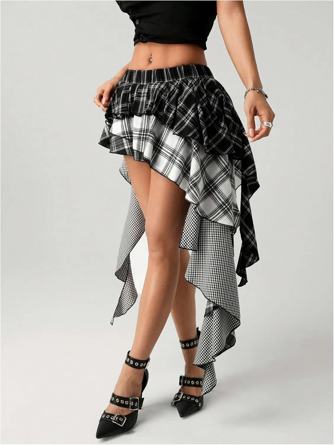 SOLY HUX Women's Plaid Ruffle Mini Skirt Y2k A Line Layered Asymmetrical Hem Skirts with Shorts Underneath
