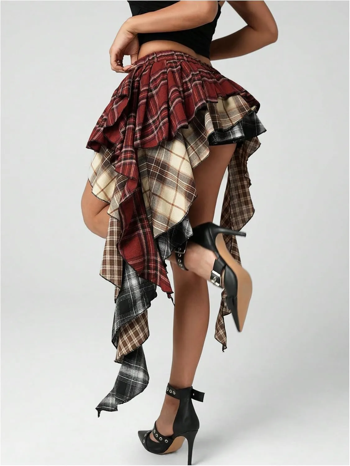 SOLY HUX Women's Plaid Ruffle Mini Skirt Y2k A Line Layered Asymmetrical Hem Skirts with Shorts Underneath
