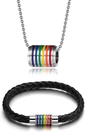Stainless Steel LGBT Gay Pride Rainbow Tube Cylinder Pedant Necklace and Leather Braided Bracelet for Men Women Unisex Gay Lesbian Valentines Day Gifts
