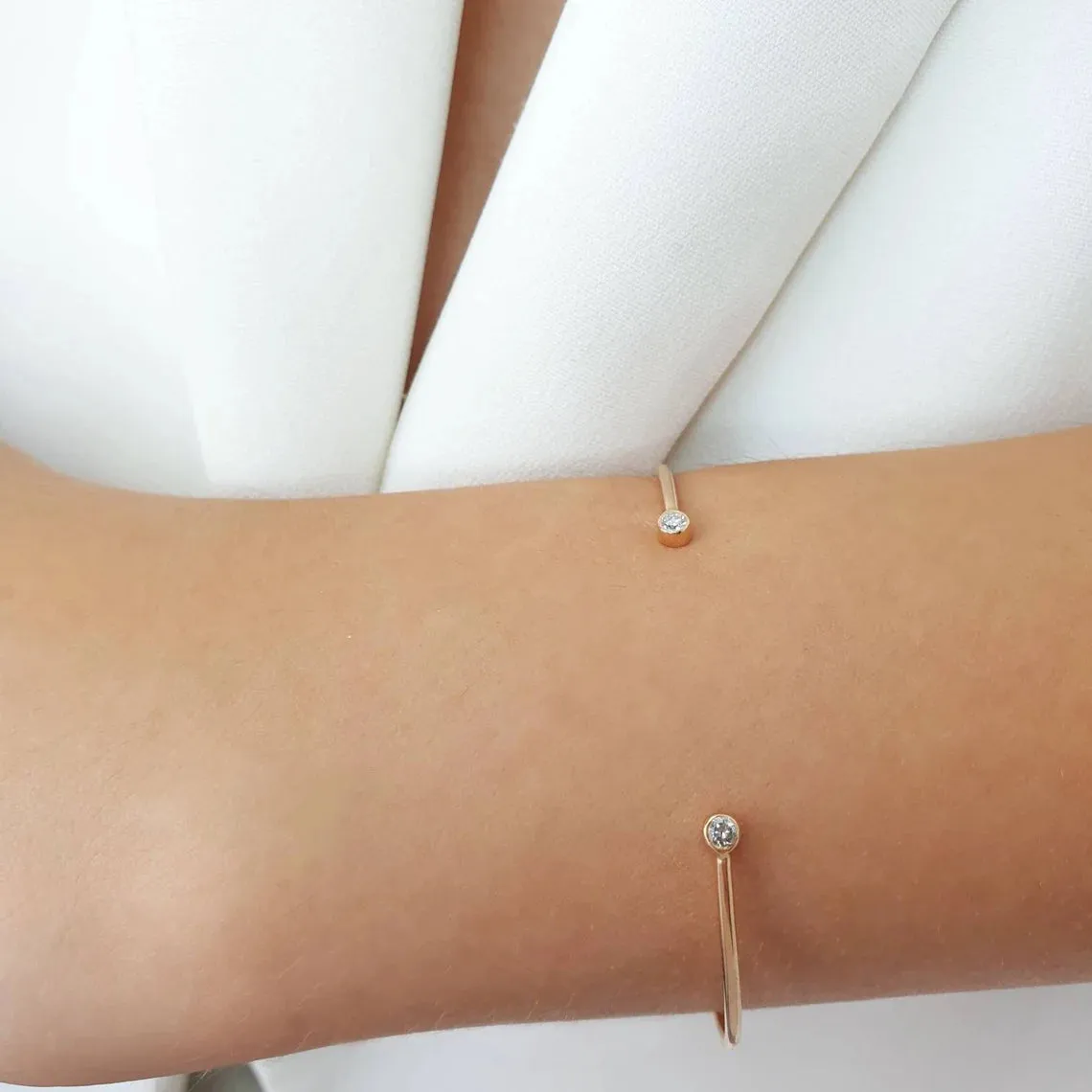 Two Diamonds Open Bangle In Solid Gold