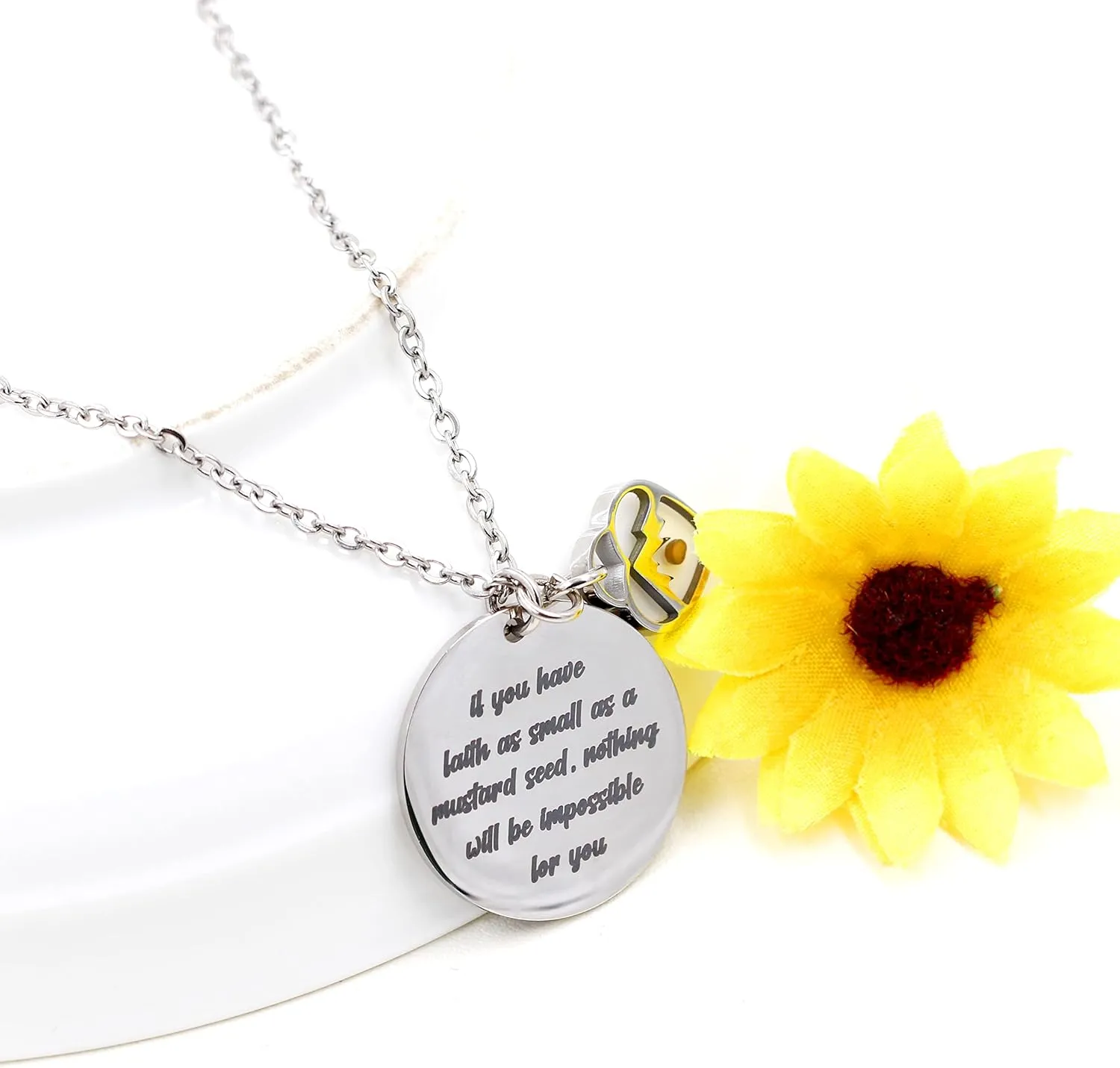 Uloveido Stainless Steel Round Disc Pendant Christian Faith Mustard Seed Bible Scripture Lettering Necklace Religious Gift