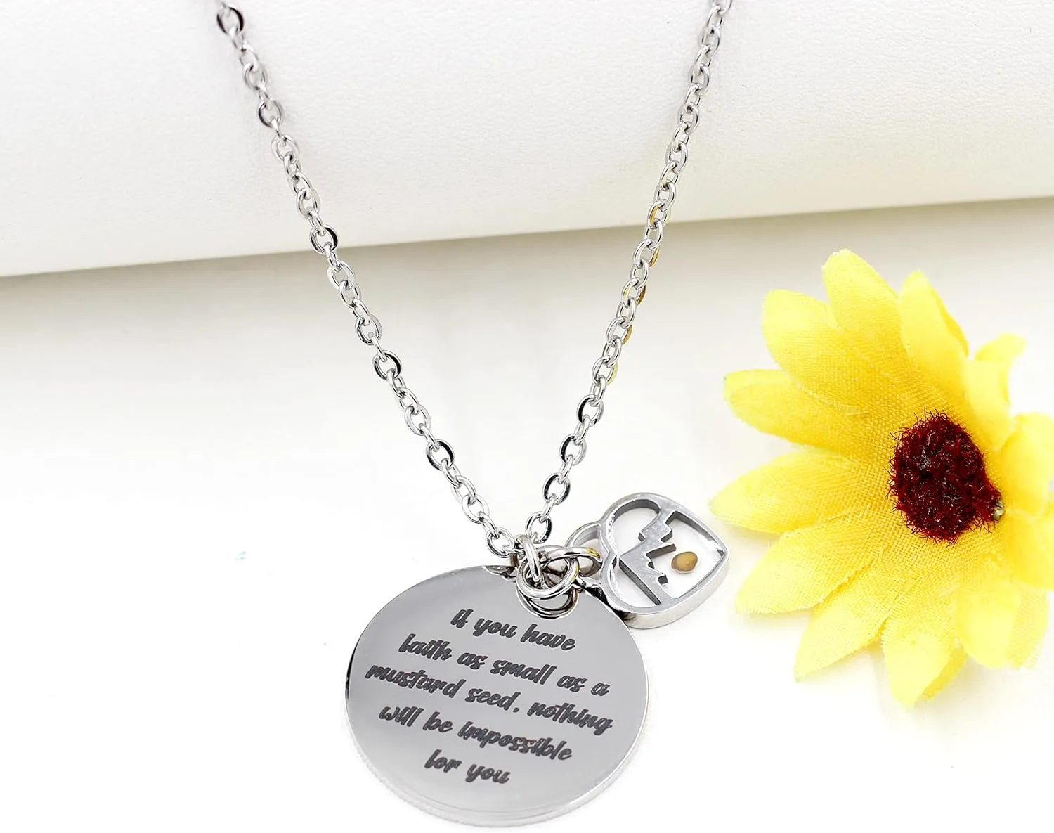 Uloveido Stainless Steel Round Disc Pendant Christian Faith Mustard Seed Bible Scripture Lettering Necklace Religious Gift