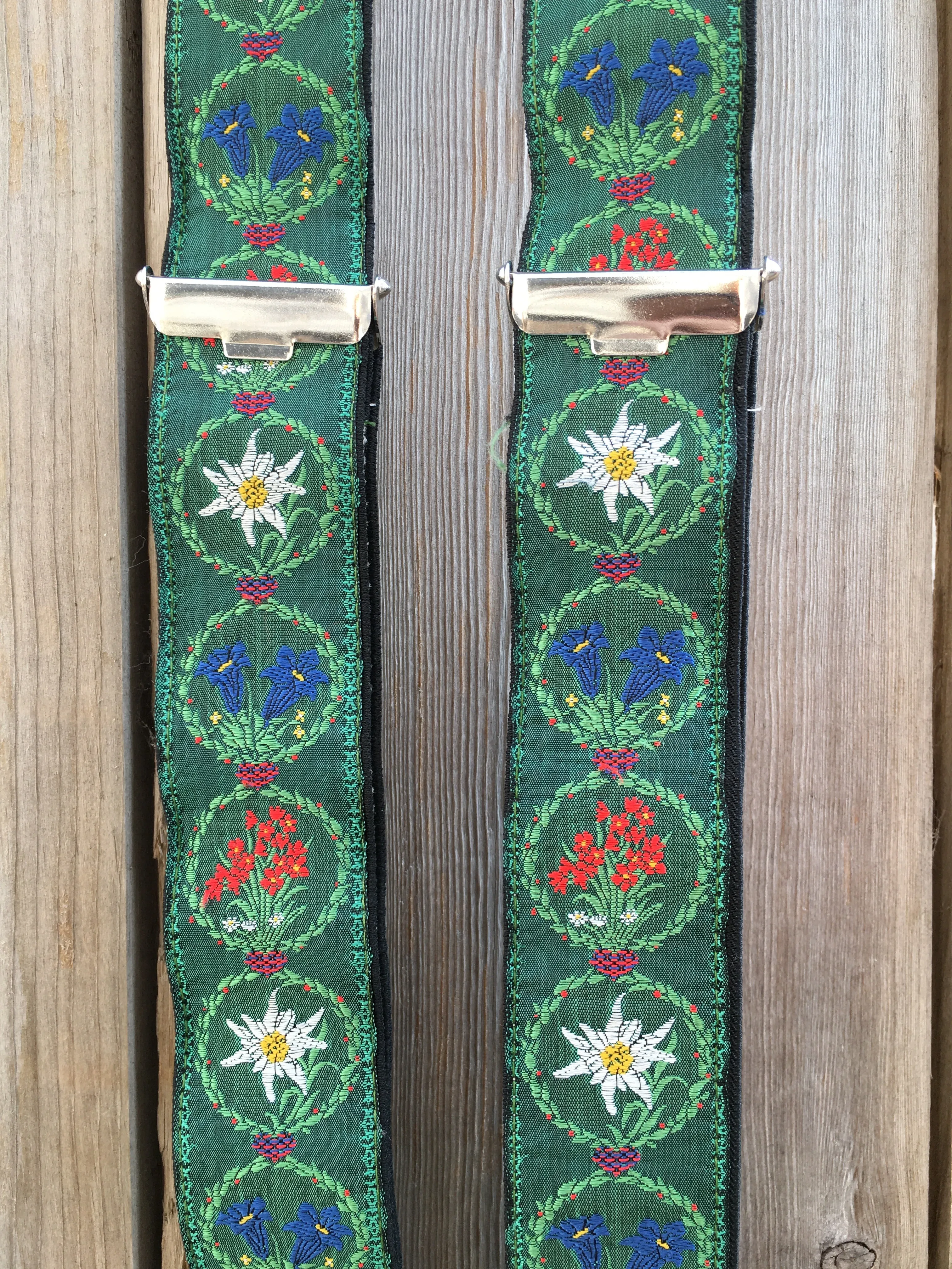 Vintage 70's Austrian Suspenders Embroidered With Native Alpine Flowers (Edelweiss)