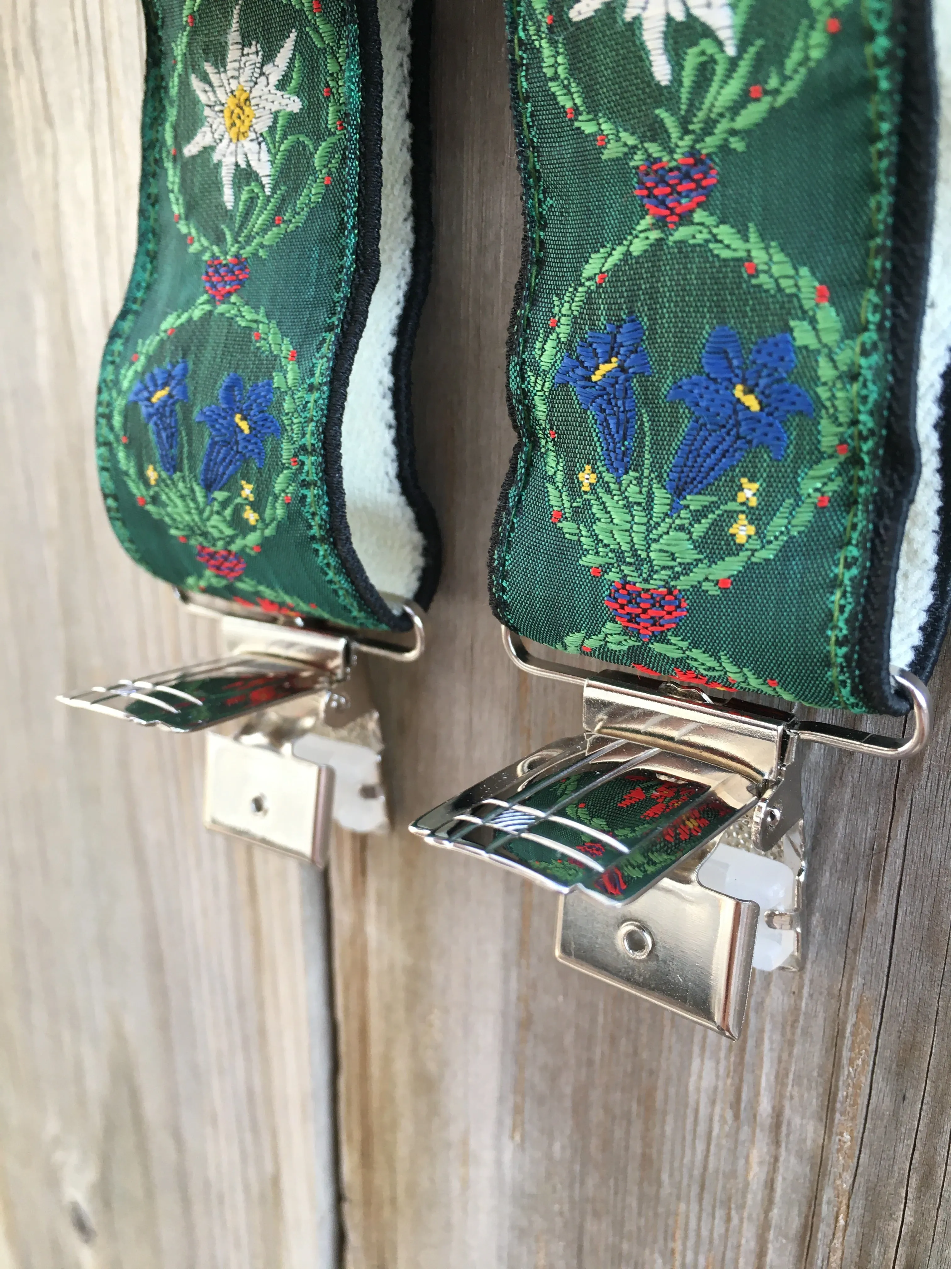 Vintage 70's Austrian Suspenders Embroidered With Native Alpine Flowers (Edelweiss)