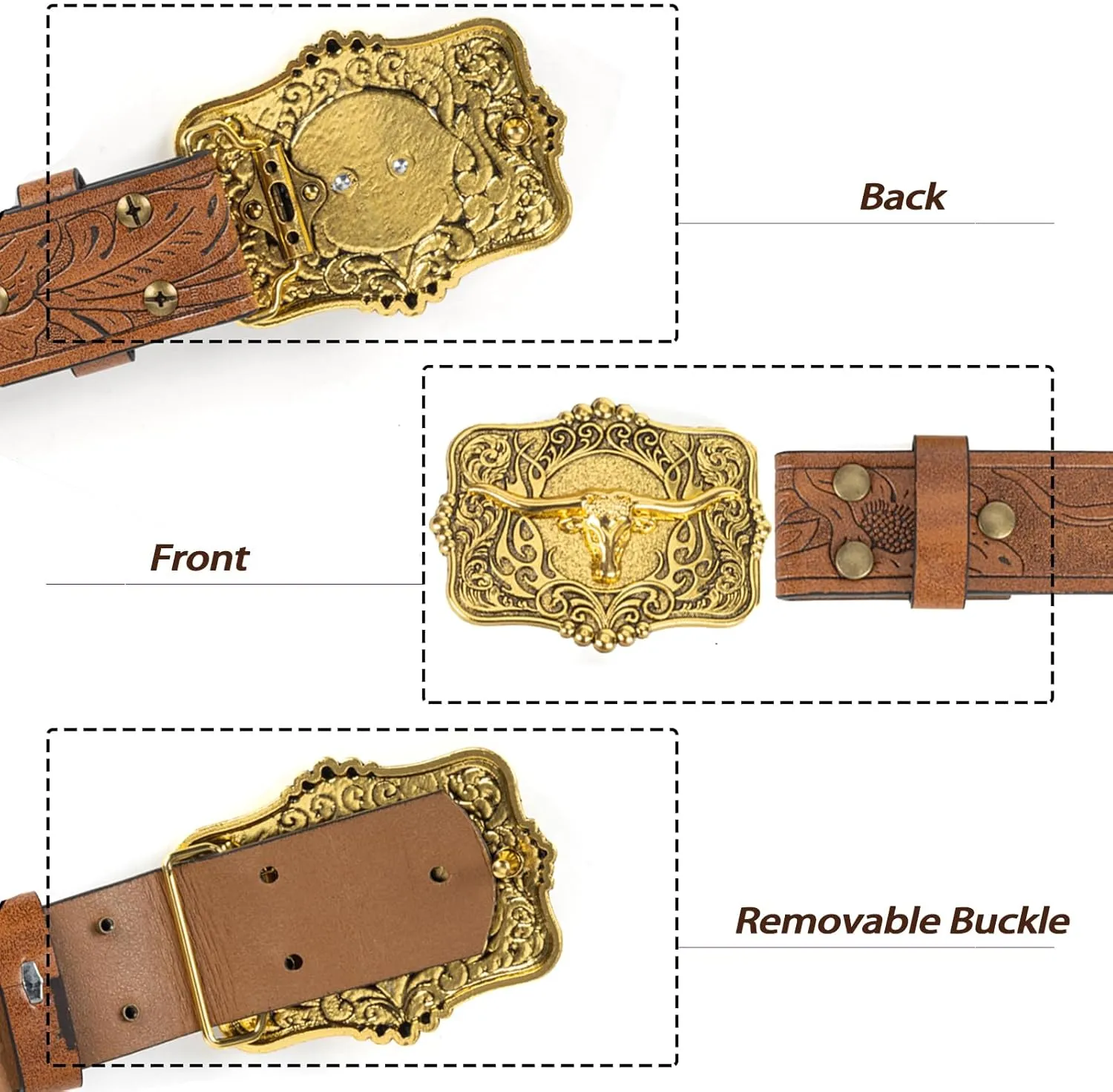 Western Cowboy PU Leather Belt - Men Waist Strap Bull Decoration Floral Engraved for Jeans 25" to 38" Waist