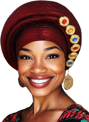 Woeoe African Pre-Tied Gele Headwrap Claret Stretchy Turban Church Wedding Party Head Scarf for Women